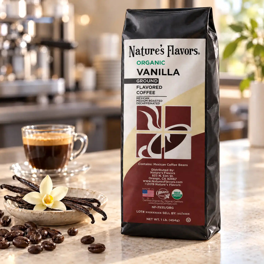 Nature’s Flavors Organic Decaf Vanilla Flavored Coffee Beans, 1 lb. Ground, in a black labeled bag beside vanilla pods, whole roasted coffee beans and a filled coffee drink in a bright coffee scene.