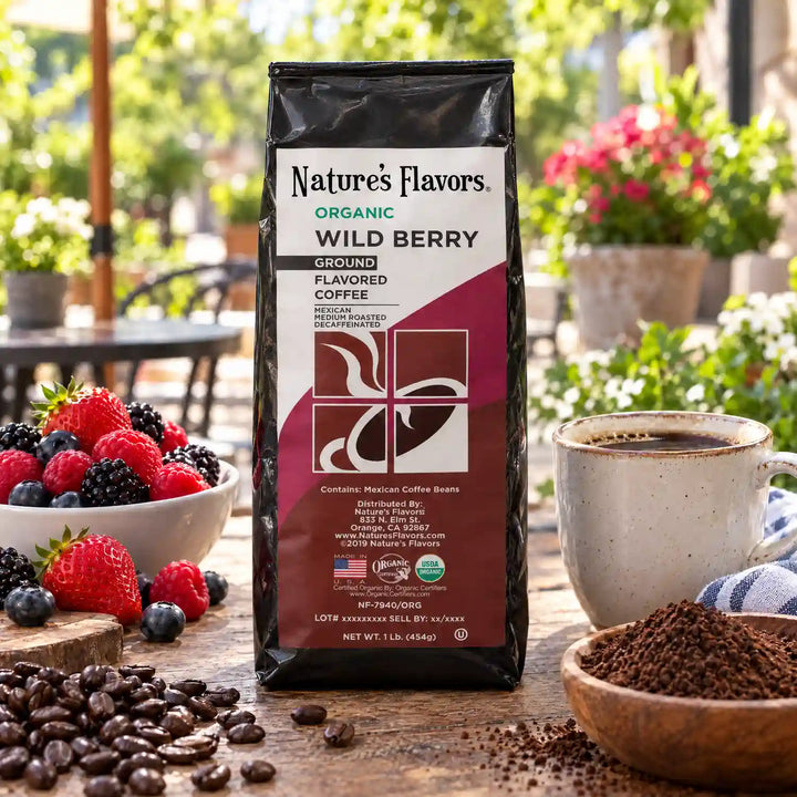 Nature’s Flavors Organic Decaf Wild Berry Flavored Coffee Beans, 1 lb. Ground, beside flavor cues, roasted coffee beans, grounds and a filled coffee drink in a bright lifestyle scene.