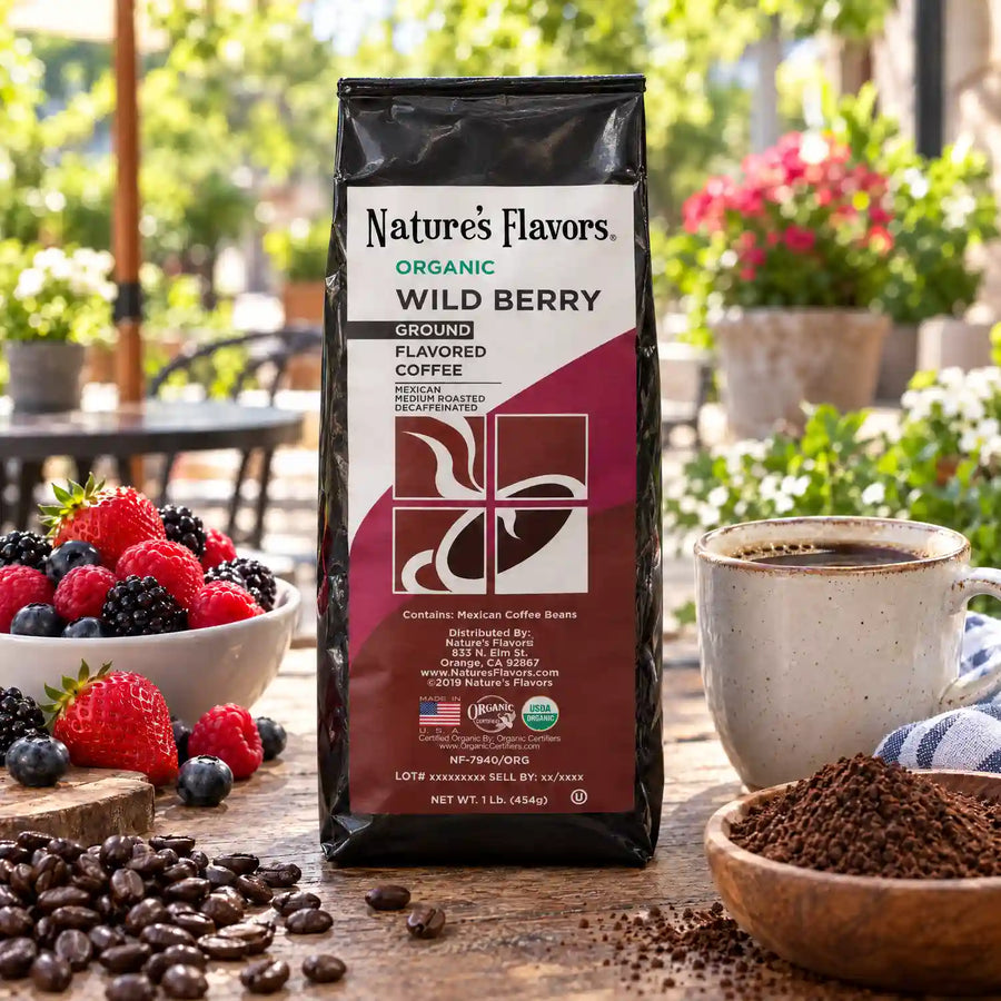 Nature’s Flavors Organic Decaf Wild Berry Flavored Coffee Beans, 1 lb. Ground, beside flavor cues, roasted coffee beans, grounds and a filled coffee drink in a bright lifestyle scene.