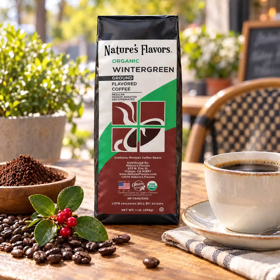 Nature’s Flavors Organic Decaf Wintergreen Flavored Coffee Beans, 1 lb. Ground, beside flavor cues, roasted coffee beans, grounds and a filled coffee drink in a bright lifestyle scene.