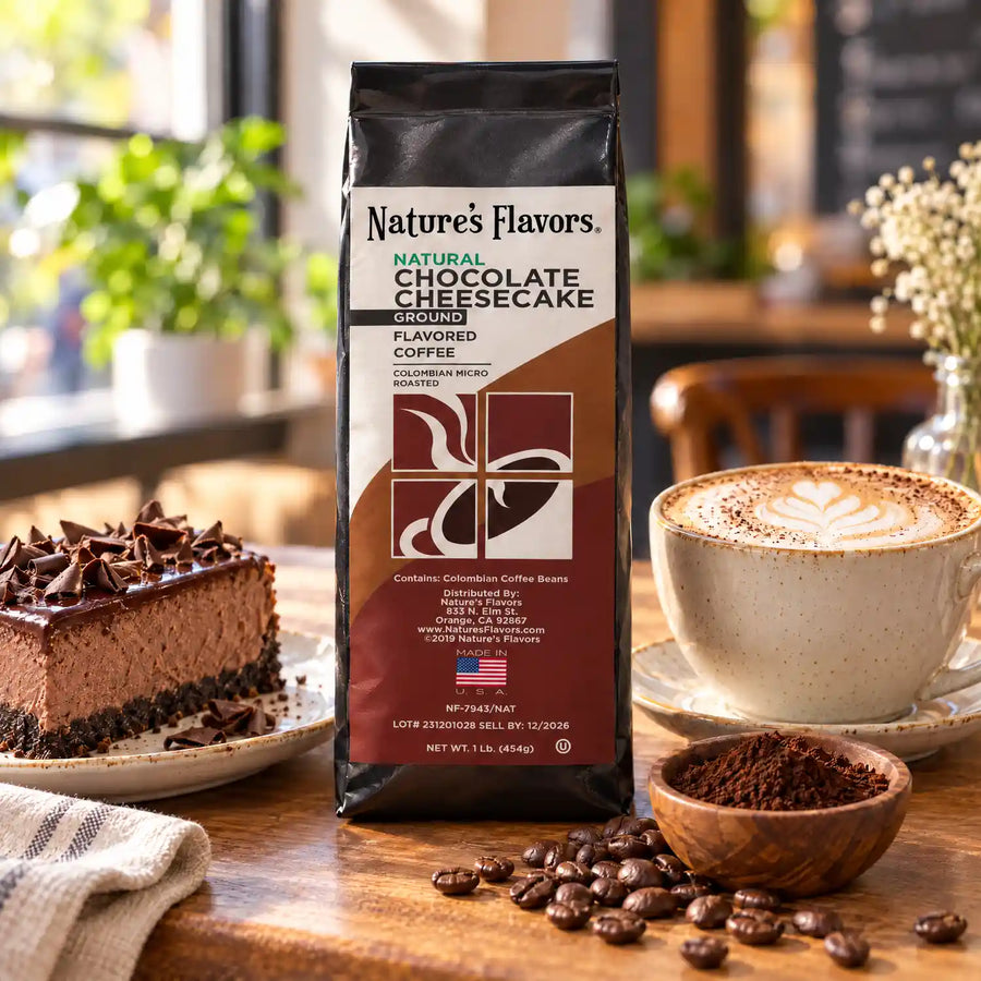 Nature’s Flavors Chocolate Cheesecake Flavored Coffee Beans, 1 lb. Ground, beside flavor cues, roasted coffee beans, grounds and a filled coffee drink in a bright lifestyle scene.