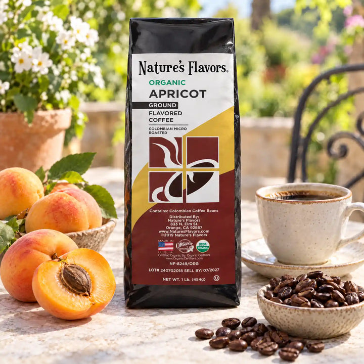 Nature's Flavors Organic Apricot Flavored Coffee Beans, 1 lb. Ground, in a bright coffee lifestyle scene.
