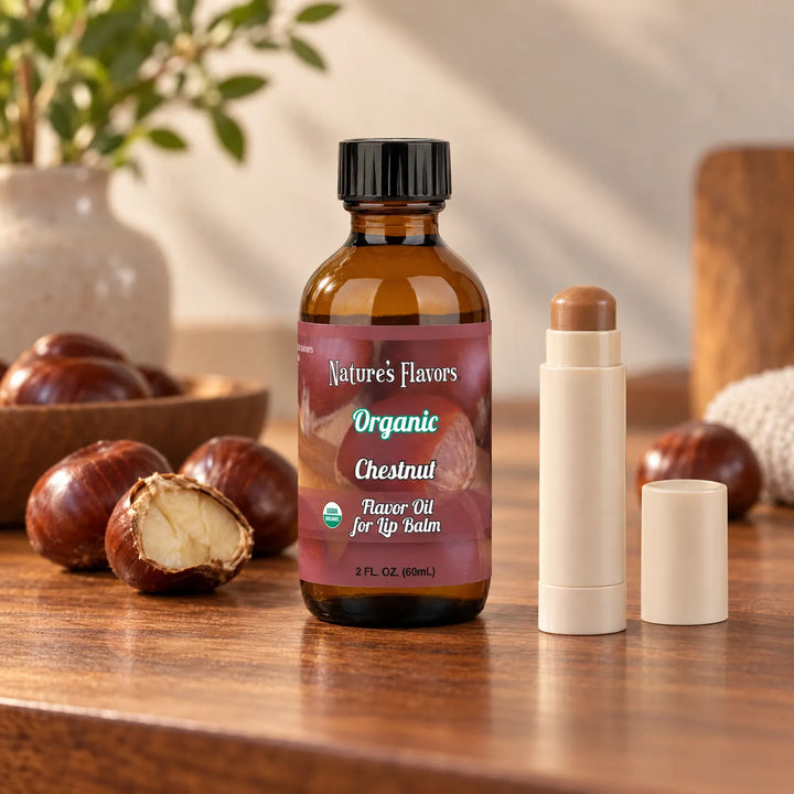 Nature's Flavors Organic Chestnut Flavor Oil for Lip Balm, 2 oz bottle with flavor cues and an open lip-balm tube.