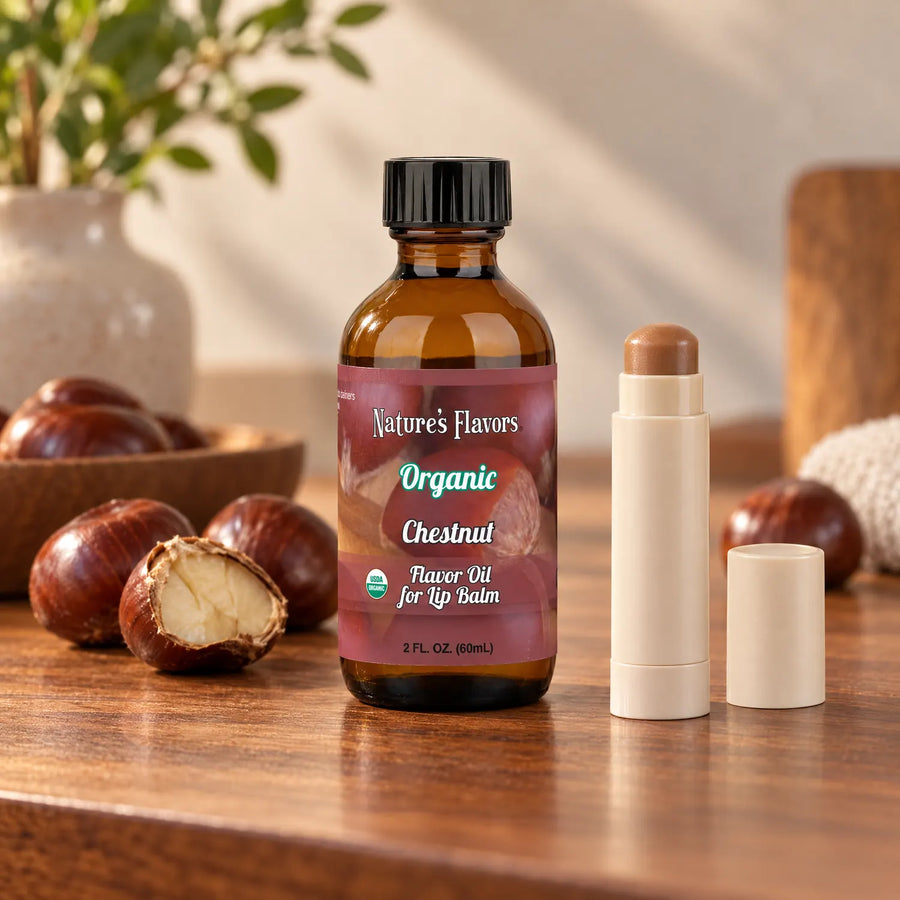 Nature's Flavors Organic Chestnut Flavor Oil for Lip Balm, 2 oz bottle with flavor cues and an open lip-balm tube.