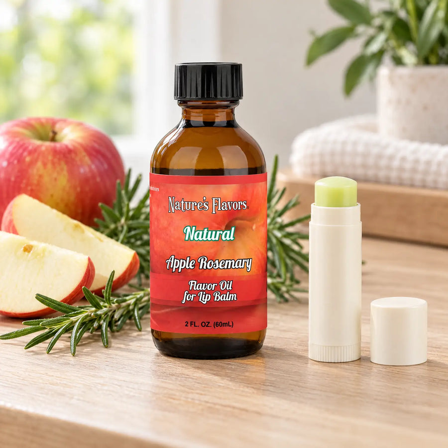 Nature's Flavors Apple Rosemary Flavor Oil for Lip Balm, 2 oz bottle with flavor cues and an open lip-balm tube.