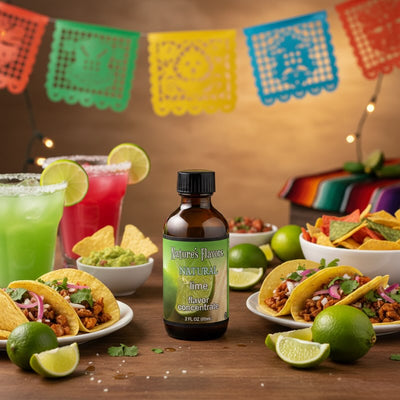 Bottle of Nature's Flavors Lime Flavor Concentrate with Mexican food and drinks on a wooden table.