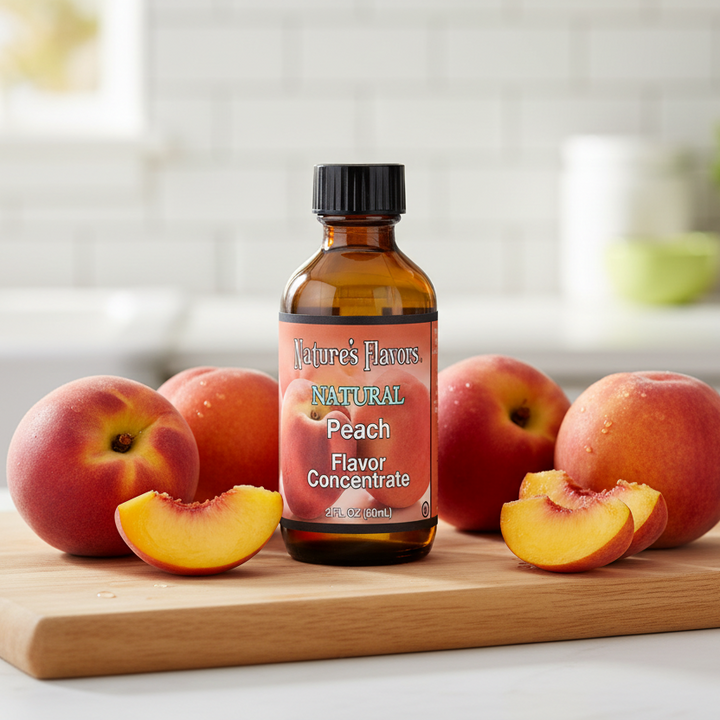 Bottle of Nature's Flavors Natural Peach Flavor Concentrate with peaches on a wooden cutting board.