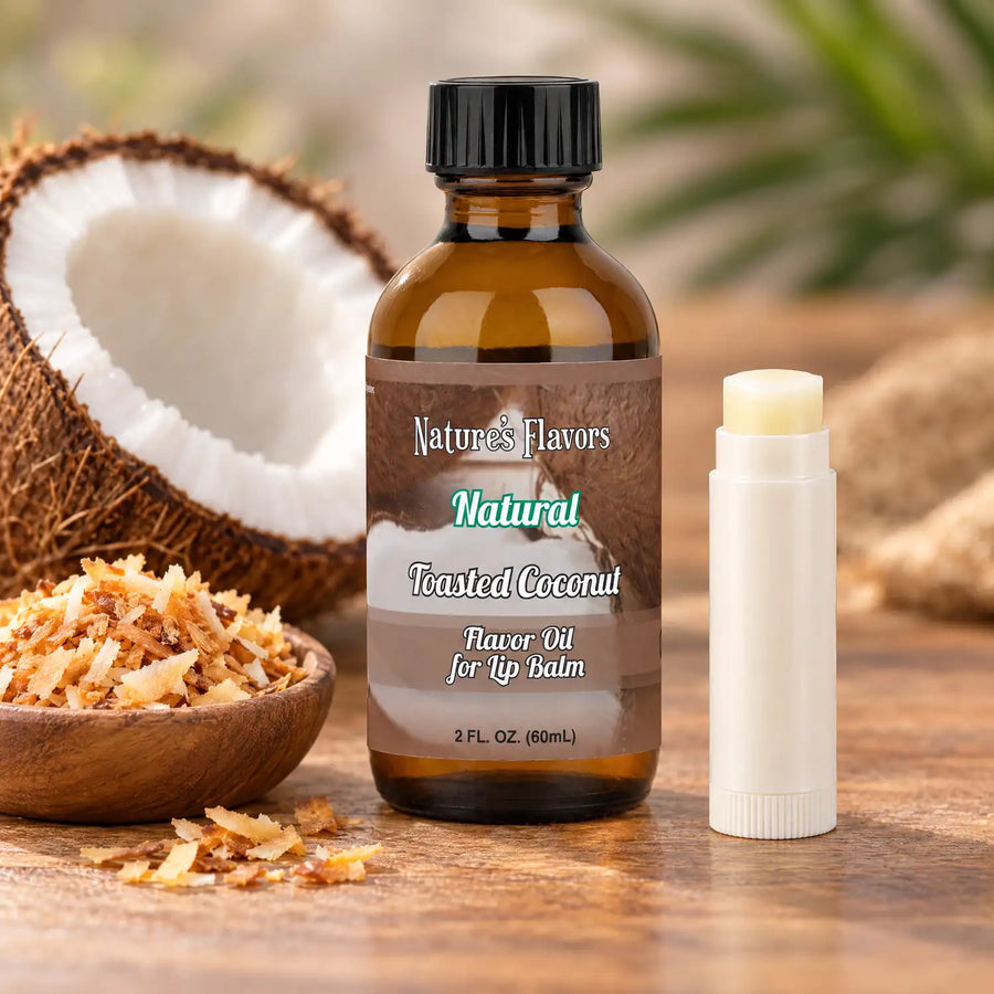 Nature's Flavors Toasted Coconut Flavor Oil for Lip Balm, 2 oz amber bottle with flavor-matched ingredients and an open lip balm.