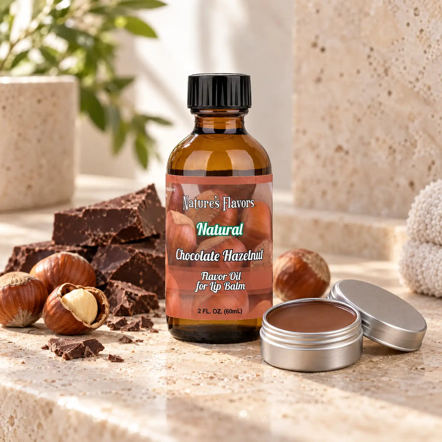 Nature's Flavors Chocolate Hazelnut Flavor Oil for Lip Balm, 2 oz bottle with flavor cues and an open lip-balm tin.