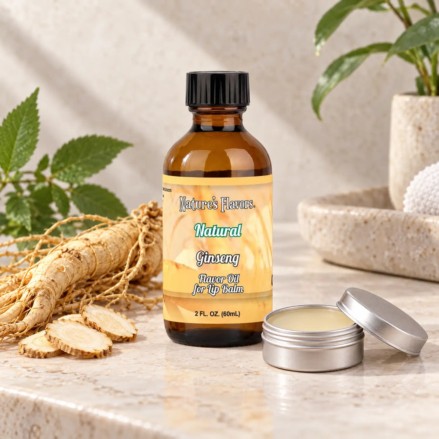 Nature's Flavors Ginseng Flavor Oil for Lip Balm, 2 oz bottle with flavor cues and an open lip-balm tin.