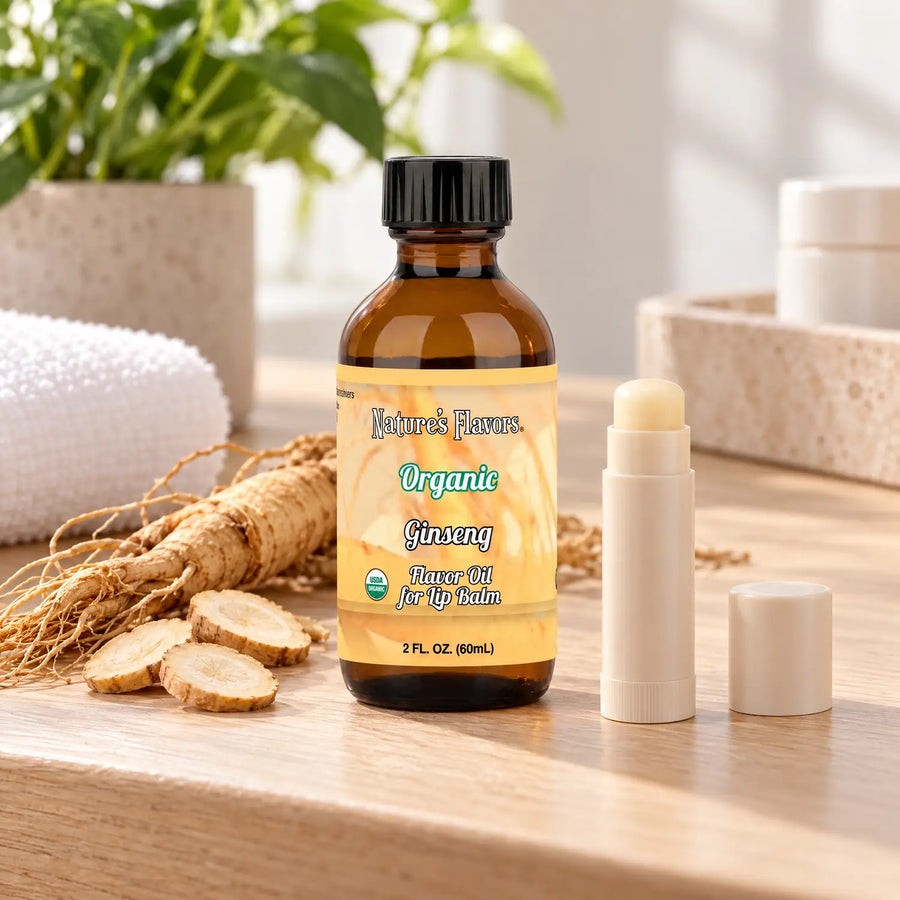 Nature's Flavors Organic Ginseng Flavor Oil for Lip Balm, 2 oz bottle with flavor cues and an open lip-balm tube.