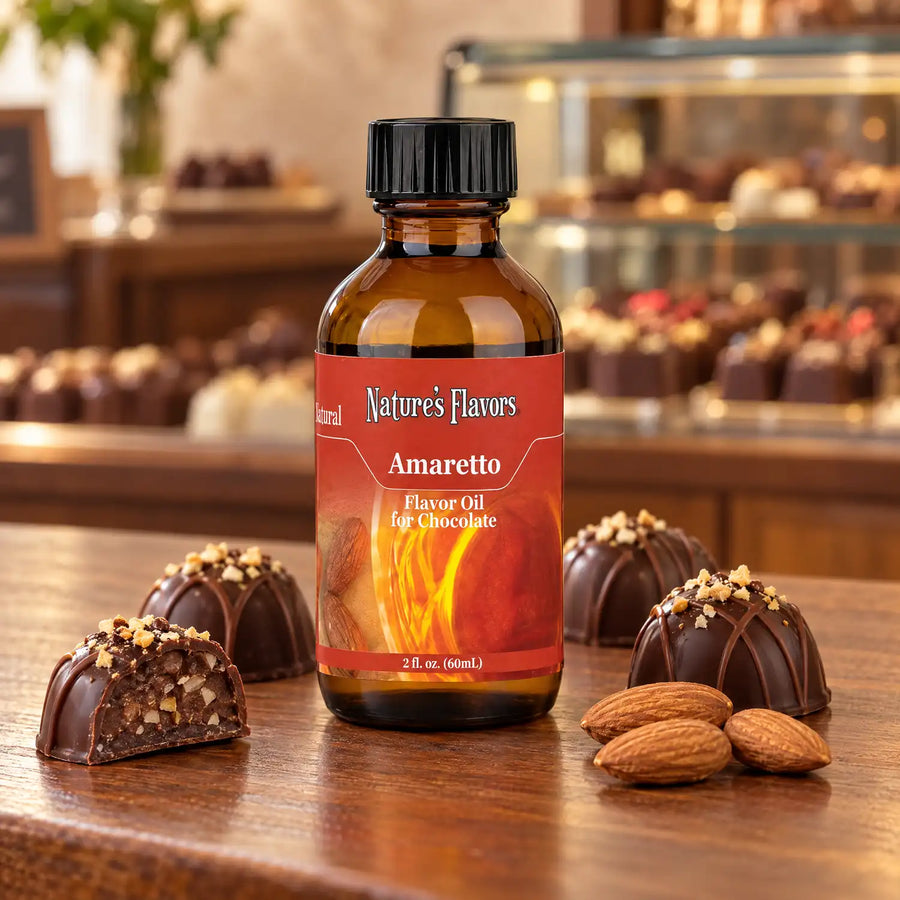 Nature's Flavors Amaretto Flavor Oil for Chocolate bottle beside almonds and dark chocolate truffles on a chocolate-shop counter.