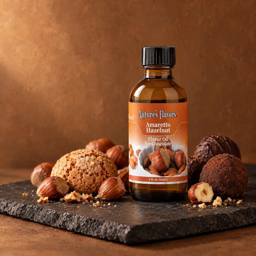 Nature's Flavors Amaretto Hazelnut Flavor Oil for Chocolate, 2-ounce bottle, with hazelnuts, an amaretti biscuit and chocolate truffles on slate.