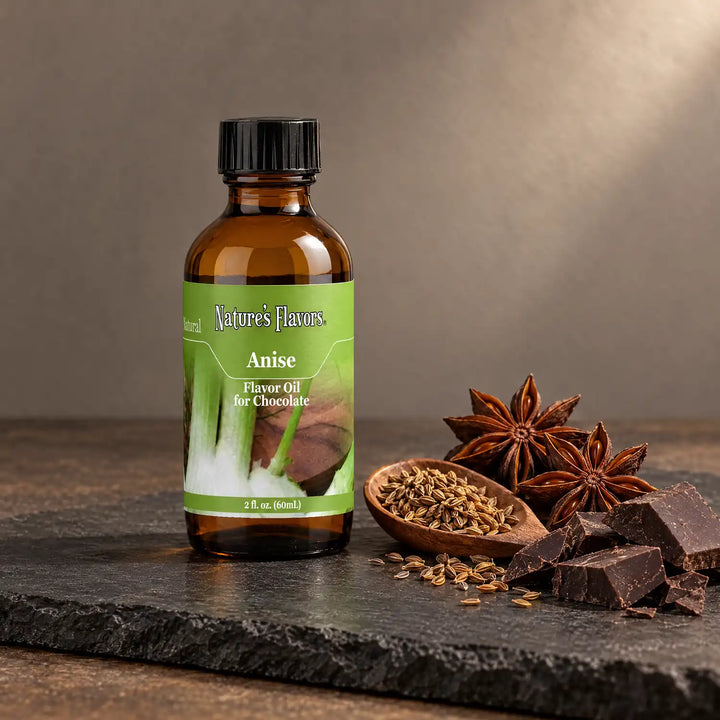 Nature's Flavors Anise Flavor Oil for Chocolate, 2-ounce bottle, with anise seeds, star anise and dark chocolate on slate.