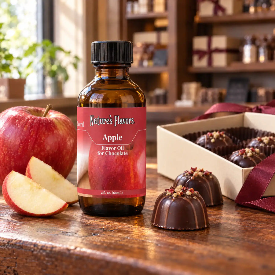 Nature's Flavors Apple Flavor Oil for Chocolate bottle on a wooden chocolate-shop counter beside whole and sliced apples and a gift box of chocolates.