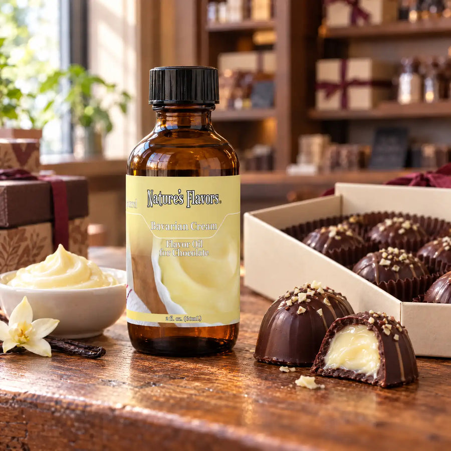 Nature's Flavors Bavarian Cream Flavor Oil for Chocolate bottle on a wooden chocolate-shop counter beside a bowl of pastry cream and a gift box of chocolates.