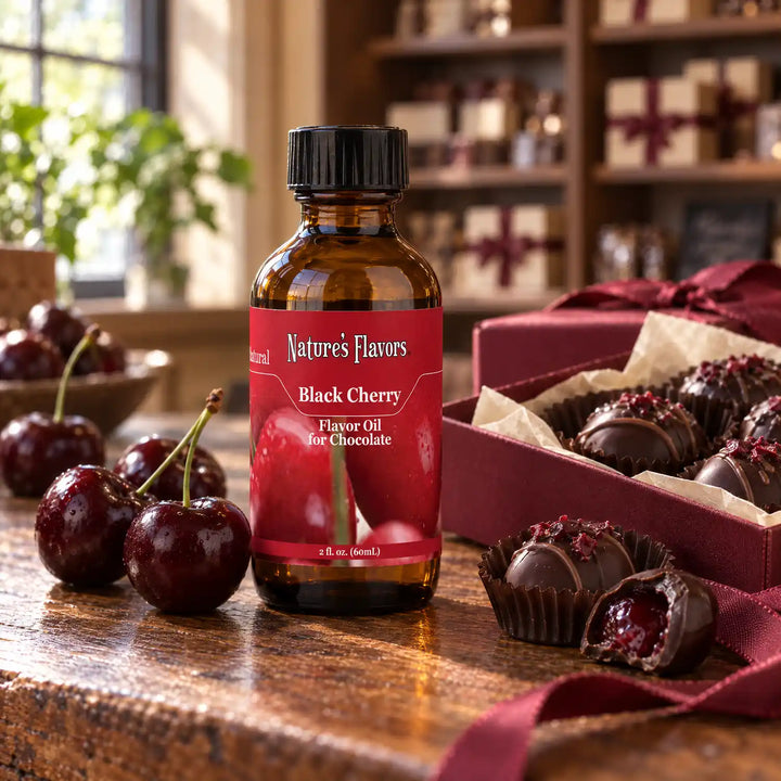 Nature's Flavors Black Cherry Flavor Oil for Chocolate bottle on a wooden chocolate-shop counter beside dark cherries and a gift box of chocolates.