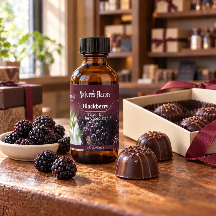 Nature's Flavors Blackberry Flavor Oil for Chocolate bottle on a wooden chocolate-shop counter beside fresh blackberries and a gift box of chocolates.