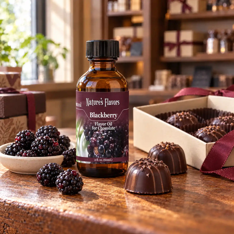 Nature's Flavors Blackberry Flavor Oil for Chocolate bottle on a wooden chocolate-shop counter beside fresh blackberries and a gift box of chocolates.