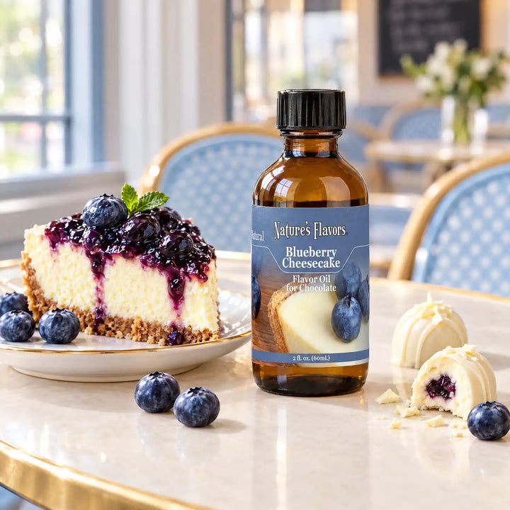 Nature's Flavors Blueberry Cheesecake Flavor Oil for Chocolate, 2-ounce bottle, with blueberry cheesecake and white chocolate bonbons at a cafe.