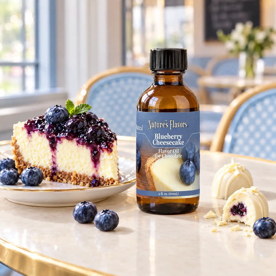 Nature's Flavors Blueberry Cheesecake Flavor Oil for Chocolate, 2-ounce bottle, with blueberry cheesecake and white chocolate bonbons at a cafe.
