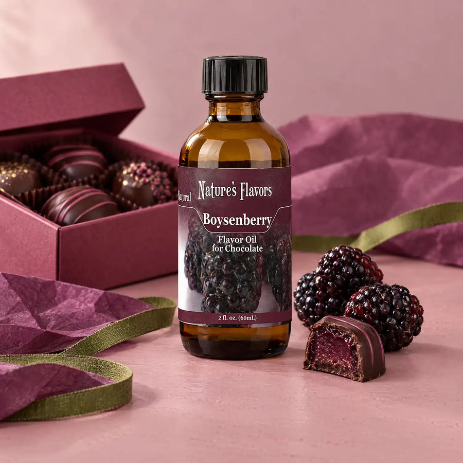 Nature's Flavors Boysenberry Flavor Oil for Chocolate, 2-ounce bottle, with boysenberries and boxed chocolates on a gift-wrapping table.