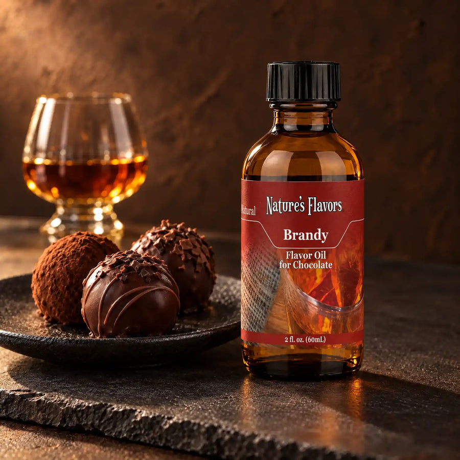 Nature's Flavors Brandy Flavor Oil for Chocolate, 2-ounce bottle, with brandy and chocolate truffles on dark slate.