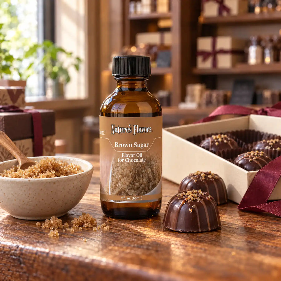 Nature's Flavors Brown Sugar Flavor Oil for Chocolate bottle on a wooden chocolate-shop counter beside a bowl of brown sugar and a gift box of chocolates.