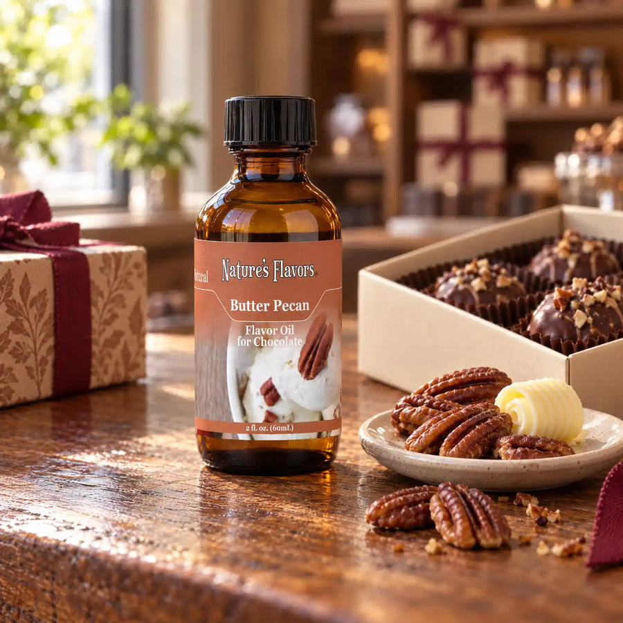 Nature's Flavors Butter Pecan Flavor Oil for Chocolate bottle on a wooden chocolate-shop counter beside pecan halves and a butter curl and a gift box of chocolates.