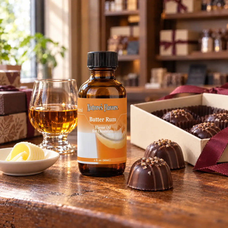 Nature's Flavors Butter Rum Flavor Oil for Chocolate bottle on a wooden chocolate-shop counter beside a glass of rum and a butter curl and a gift box of chocolates.