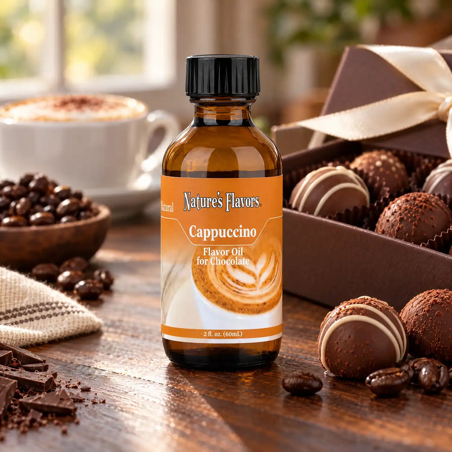 Nature's Flavors Cappuccino Flavor Oil for Chocolate bottle beside coffee beans and a chocolate gift box, with a cappuccino cup behind.