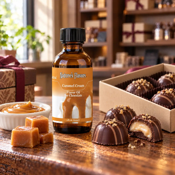 Nature's Flavors Caramel Cream Flavor Oil for Chocolate bottle on a wooden chocolate-shop counter beside caramel cream and caramel squares and a gift box of chocolates.