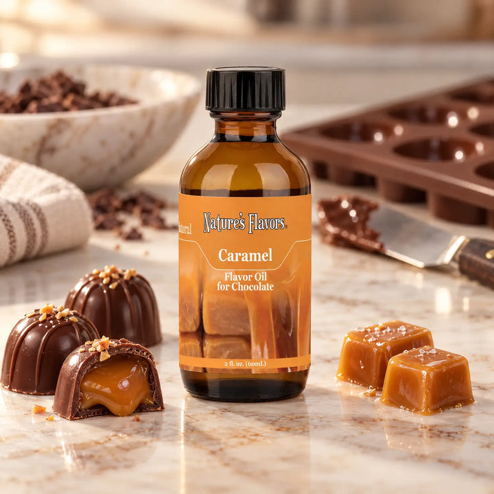 Nature's Flavors Caramel Flavor Oil for Chocolate bottle beside chocolate bonbons and caramel squares on a marble chocolatier workbench.
