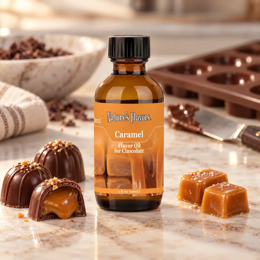 Nature's Flavors Caramel Flavor Oil for Chocolate bottle beside chocolate bonbons and caramel squares on a marble chocolatier workbench.