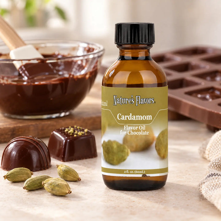 Nature's Flavors Cardamom Flavor Oil for Chocolate bottle beside chocolate bonbons, cardamom pods, melted chocolate, and a chocolate mold.