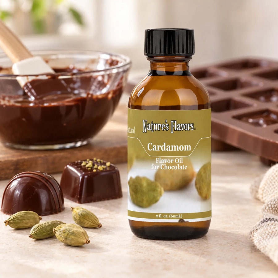 Nature's Flavors Cardamom Flavor Oil for Chocolate bottle beside chocolate bonbons, cardamom pods, melted chocolate, and a chocolate mold.