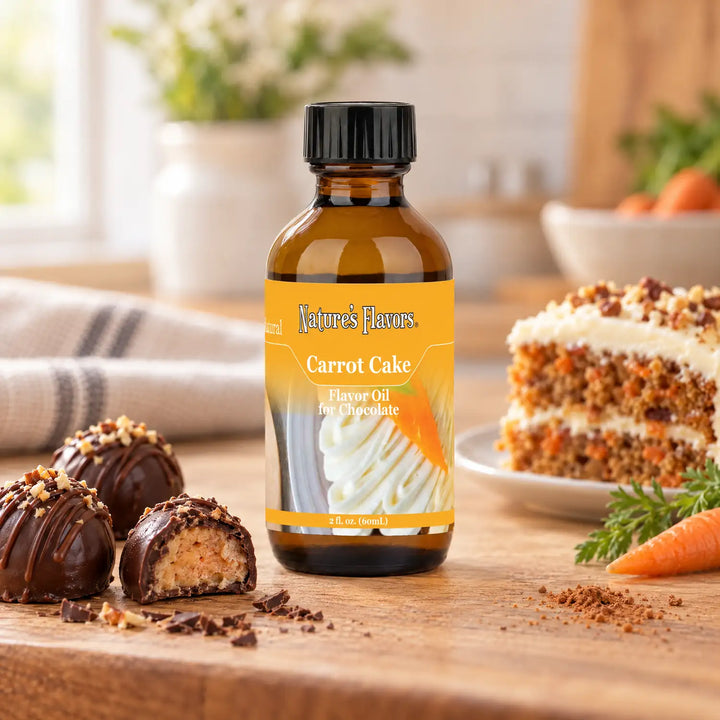Nature's Flavors Carrot Cake Flavor Oil for Chocolate bottle on a wooden surface beside chocolate truffles, a frosted cake slice, and a carrot.