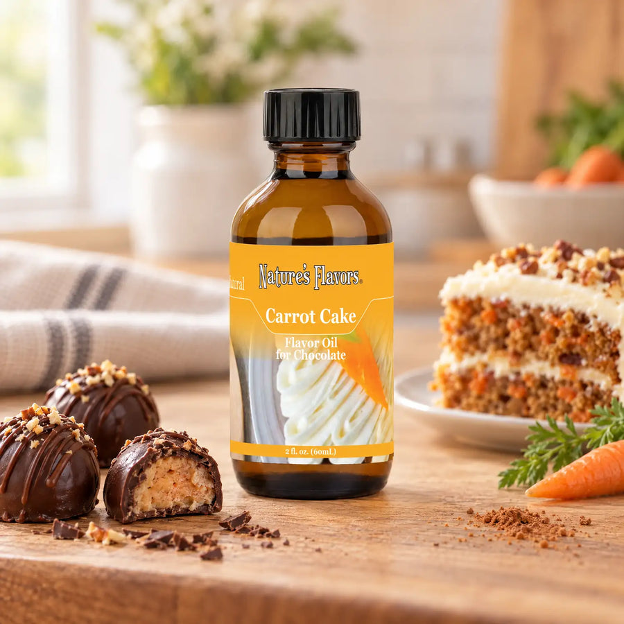 Nature's Flavors Carrot Cake Flavor Oil for Chocolate bottle on a wooden surface beside chocolate truffles, a frosted cake slice, and a carrot.