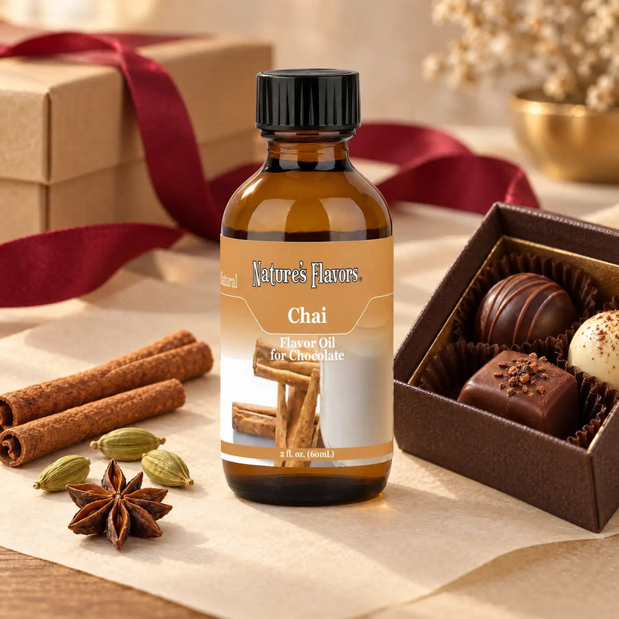 Nature's Flavors Chai Flavor Oil for Chocolate bottle beside cinnamon, cardamom, star anise, and an open chocolate gift box.