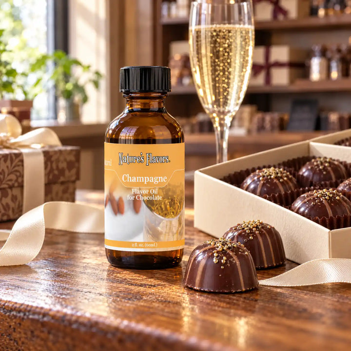 Nature's Flavors Champagne Flavor Oil for Chocolate bottle on a wooden chocolate-shop counter beside a champagne flute and a gift box of chocolates.