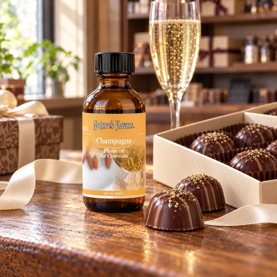 Nature's Flavors Champagne Flavor Oil for Chocolate bottle on a wooden chocolate-shop counter beside a champagne flute and a gift box of chocolates.