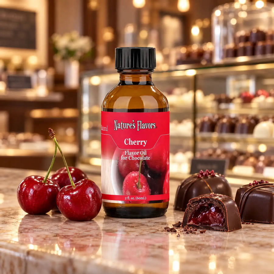 Nature's Flavors Cherry Flavor Oil for Chocolate bottle beside fresh cherries and chocolate bonbons on a chocolate boutique counter.