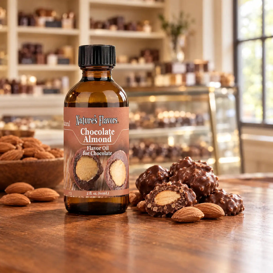 Nature's Flavors Chocolate Almond Flavor Oil for Chocolate, 2-ounce bottle, with almonds and chocolate almond clusters in a chocolate shop.