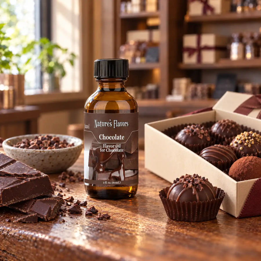 Nature's Flavors Chocolate Flavor Oil for Chocolate bottle on a wooden chocolate-shop counter beside broken dark chocolate and a gift box of chocolates.