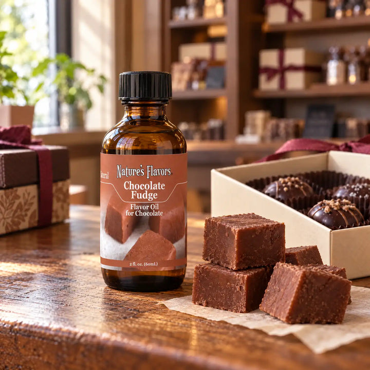 Nature's Flavors Chocolate Fudge Flavor Oil for Chocolate bottle on a wooden chocolate-shop counter beside chocolate fudge squares and a gift box of chocolates.