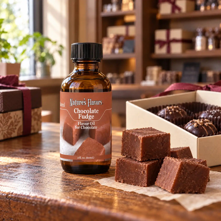 Nature's Flavors Chocolate Fudge Flavor Oil for Chocolate bottle on a wooden chocolate-shop counter beside chocolate fudge squares and a gift box of chocolates.