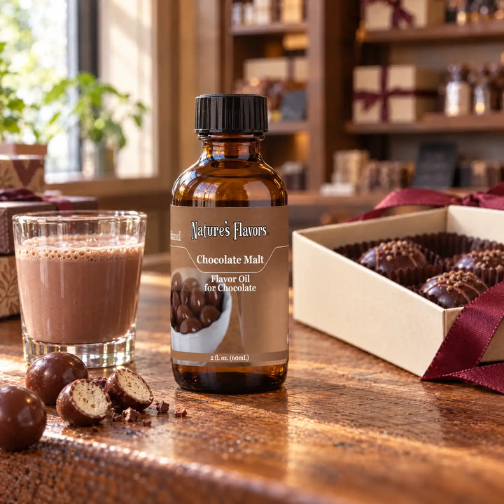 Nature's Flavors Chocolate Malt Flavor Oil for Chocolate bottle on a wooden chocolate-shop counter beside a chocolate malt drink and malted chocolate balls and a gift box of chocolates.