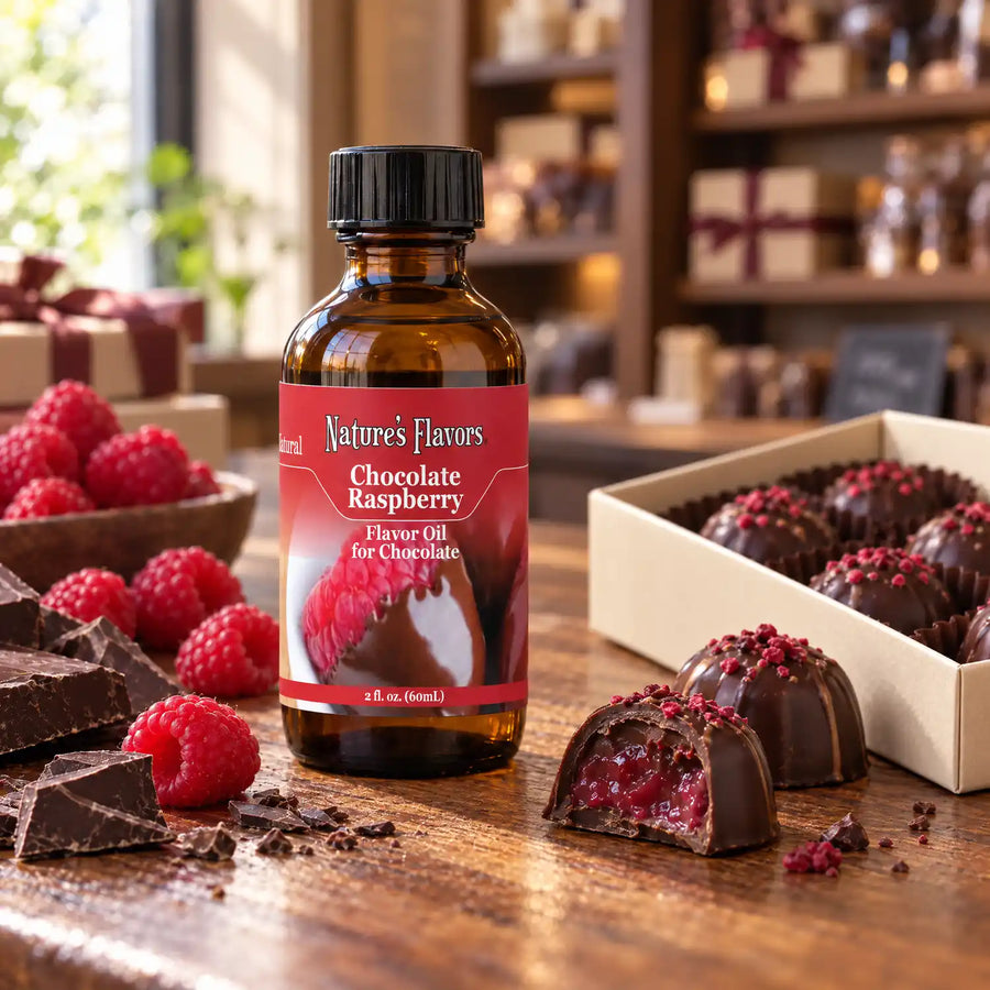Nature's Flavors Chocolate Raspberry Flavor Oil for Chocolate bottle on a wooden chocolate-shop counter beside raspberries and dark chocolate and a gift box of chocolates.