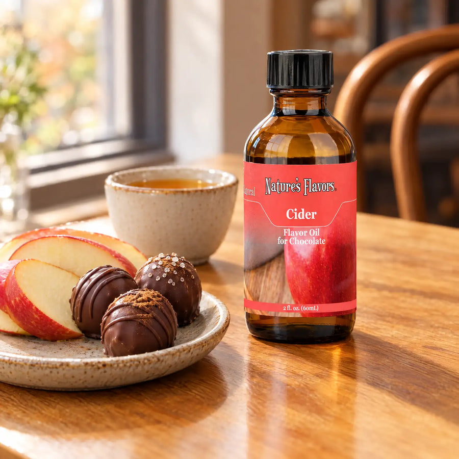 Nature's Flavors Cider Flavor Oil for Chocolate, 2-ounce bottle, with apple slices, cider and chocolate truffles on a cafe table.