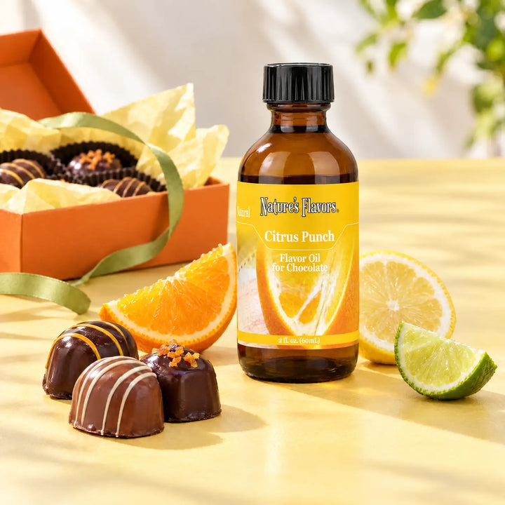 Nature's Flavors Citrus Punch Flavor Oil for Chocolate, 2-ounce bottle, with citrus slices and boxed chocolates on a yellow gift table.